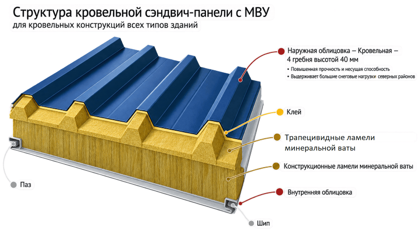 Структура кровельной сэндвич-панели с МВУ Структура кровельной сэндвич-панели с МВУ